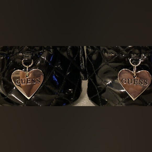 2 Guess Black Quilted Faux Leather Pleather Silver Heart Drawstring mini Bag - Picture 13 of 14